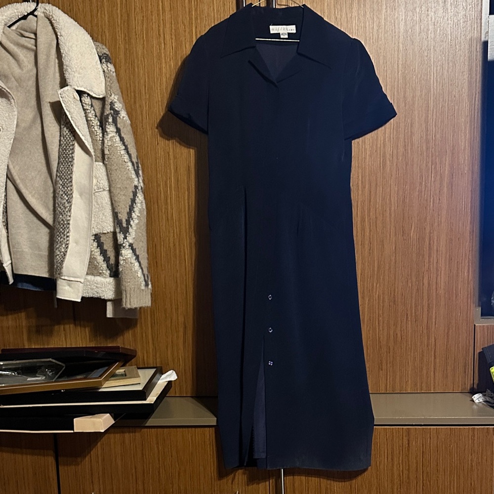 Elegant Navy Blue button down Women's Dress